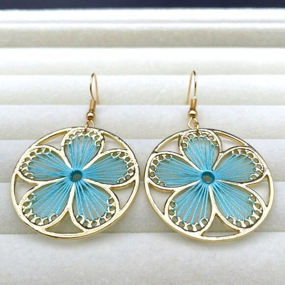 Yellow Gold with Round Blue Threaded Flower Dangling Drop Hook Earrings - Picture 4 of 8